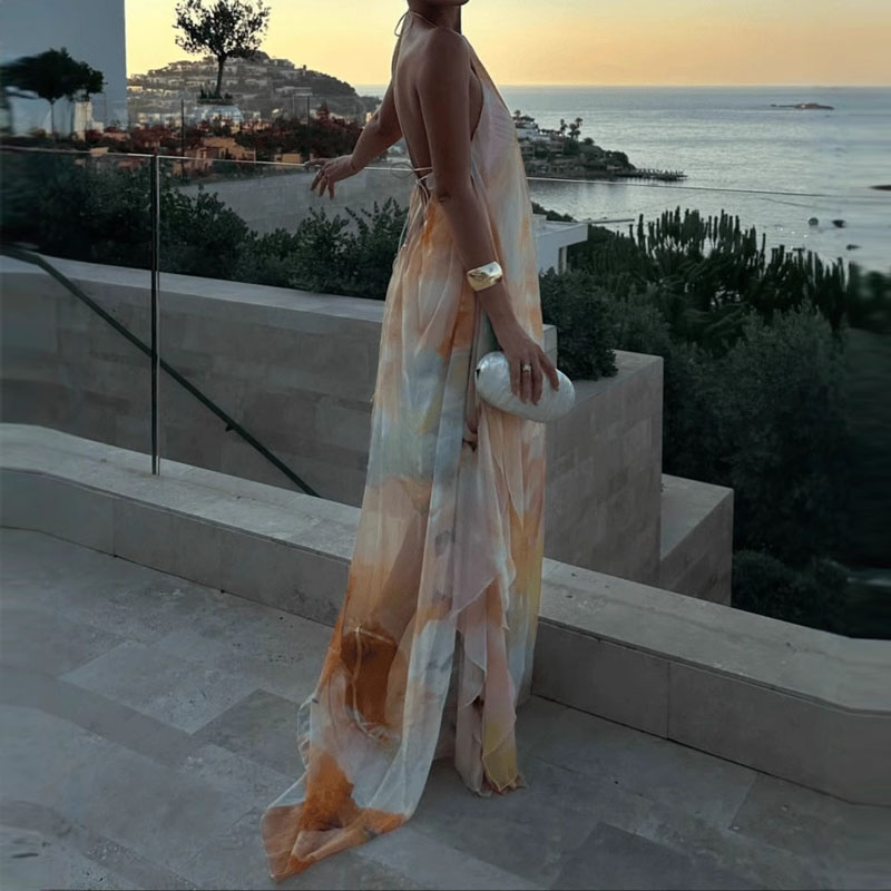 Robe bohème ample imprimée pour femmes, motif à la mode, Sexy, dos nu, ajourée, robe de soirée élégante, col licou, sans manches, longue robe de vacances