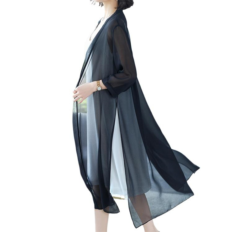 Cardigan long en mousseline, chemisier pour femme avec ceinture, style coréen transparent, tendance Y2K, haut féminin pour le printemps et l'été.