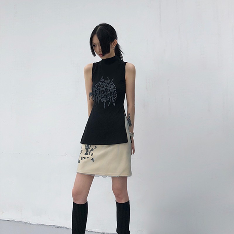 Karrcat Yamamoto Style débardeur noir Grunge gothique col roulé hauts Cyber Y2k Chic vêtements de créateur foncé esthétique Streetwear