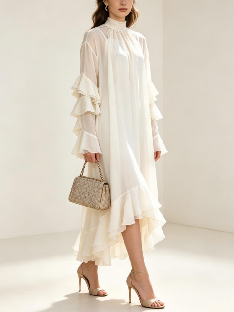 Robe longue en mousseline pour femme, col montant, volants étagés, ourlet irrégulier, élégante, pour soirée ou invitée de mariage, avec sous-vêtement intégré