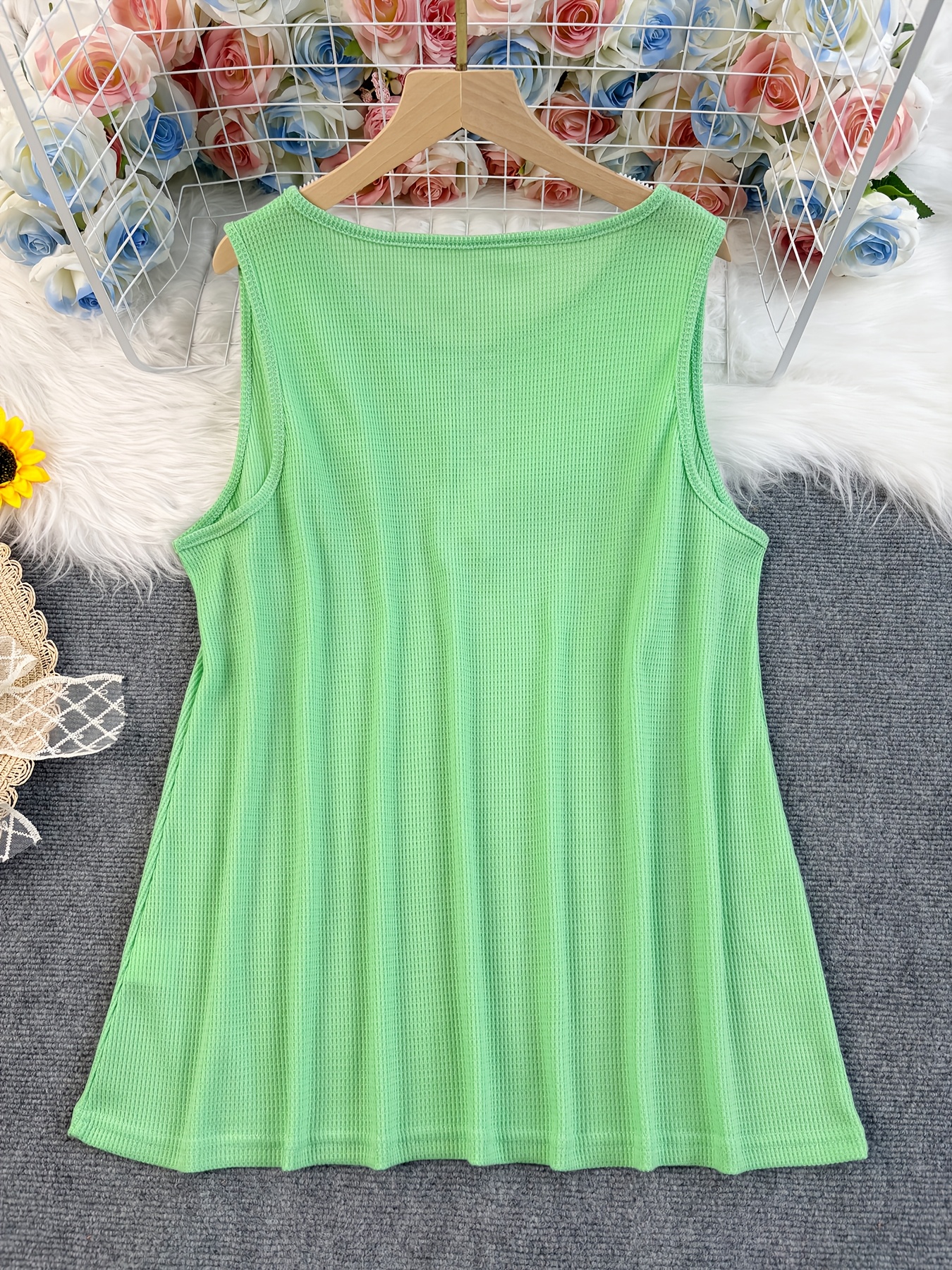 Débardeur Henley sans manches en tricot gaufré élastique uni pour femme grande taille, coupe ample, décontracté, basique, pour l'été et le quotidien