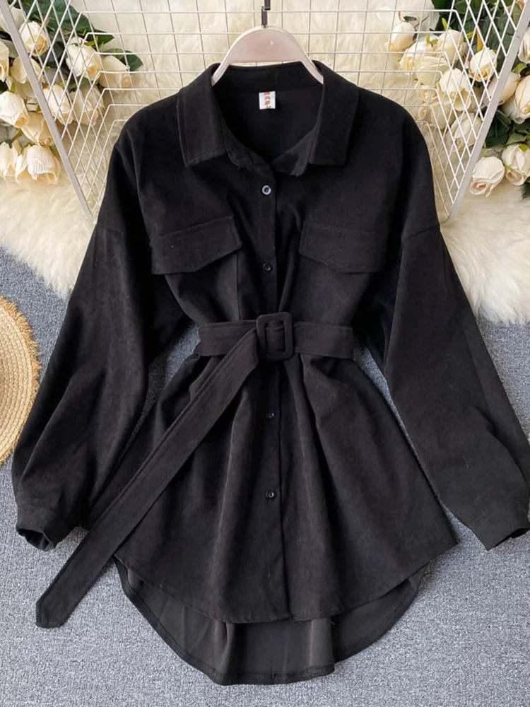 Chemise à manches longues style cargo rétro pour femme, poches, chemise à manches bouffantes, bandage, taille déchirée, Y-Female, printemps, automne, PL438