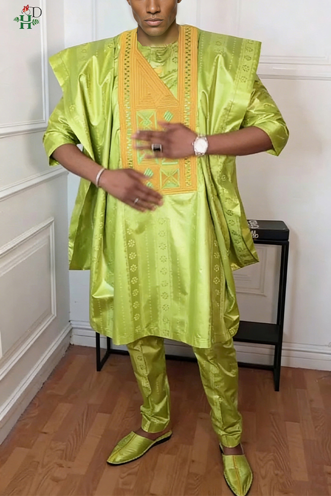 H & D vêtements africains pour hommes traditionnel Bazin Riche broderie Design haut à manches longues vert 3 pièces ensemble musulman Abayas Thobe 2026
