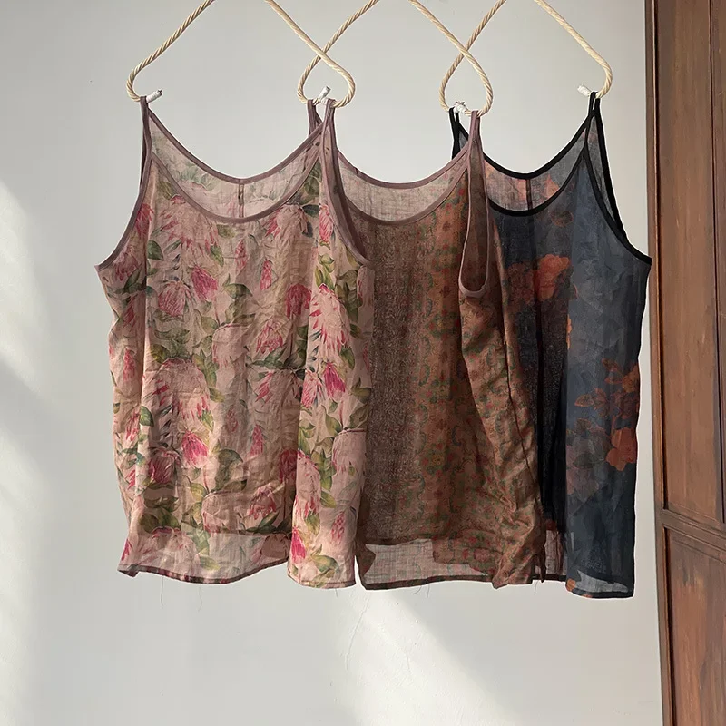 Camisole en fibre de ramie imprimée de style coréen pour femmes, bretelles spaghetti, col en V glacé, précieux, doux, décontracté, nouveau, 2024