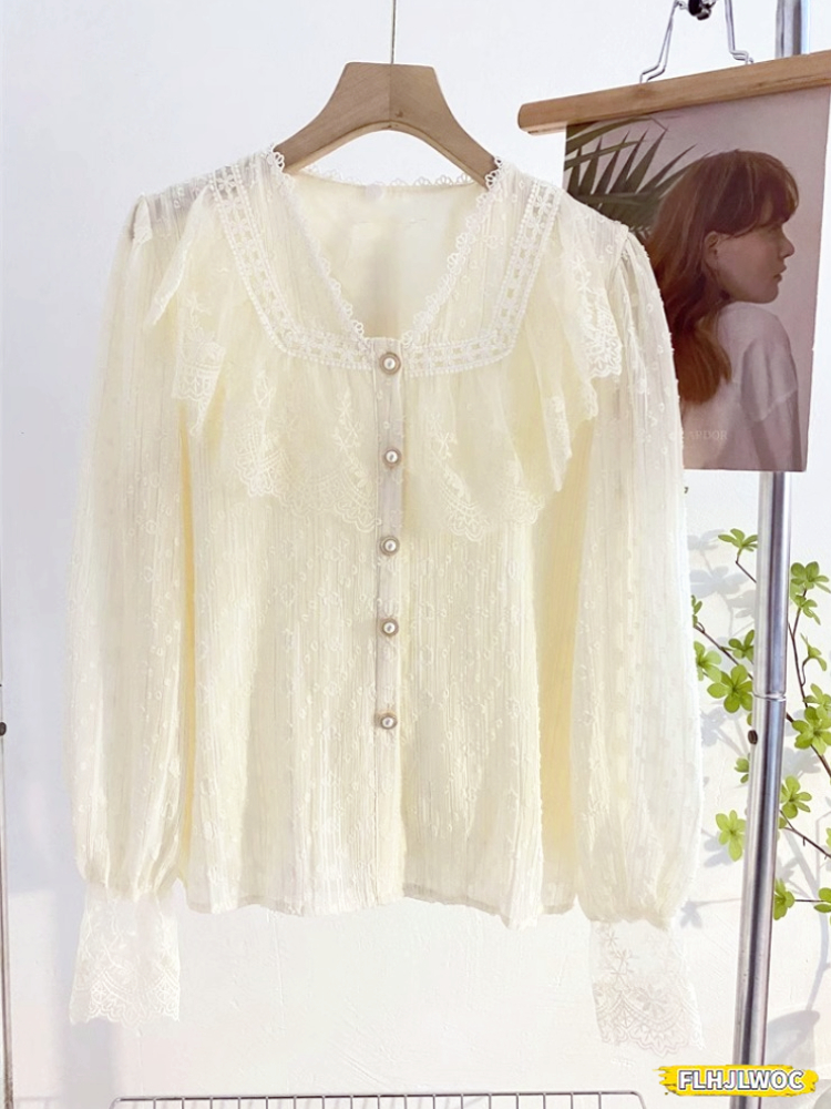 2024 printemps automne chemises de base Blouses femmes mode à manches longues élégant bureau dame travail solide blanc à volants Chic hauts Blusas