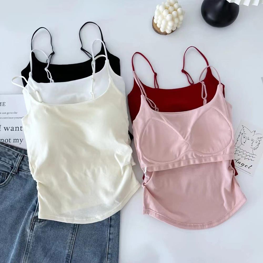 Nouveau femmes débardeurs été couleur unie soutien-gorge intégré Camisole décontracté mince sans manches plis débardeurs femmes gilet de sport de base