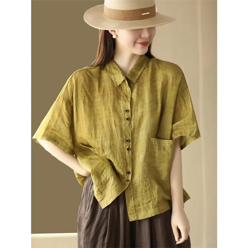 Chemisier femme 2025 printemps été couleur unie ample coton et lin dames hauts tempérament lin respirant dame chemise décontractée