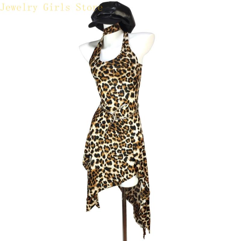 E56f Femmes Couc licou hors épaule ouverte Robe soirée à l'arrière Leopard Imprimé extensible sans manches corpus