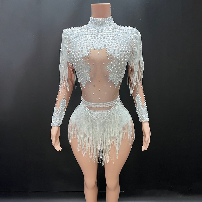 Body extensible à manches longues et col roulé pour femmes, clouté avec pompons et perles, Costumes de scène de Showgirl pour occasions spéciales, robe de danseuse