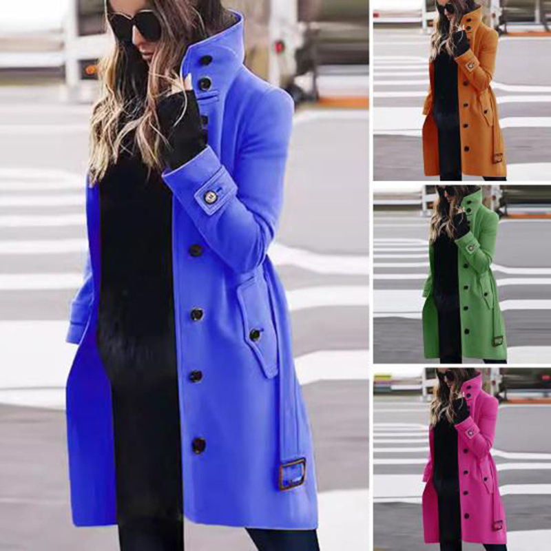Automne hiver manteaux de laine femmes coupe ajustée grand manteau simple boutonnage col montant Trench pardessus JYFS-2002