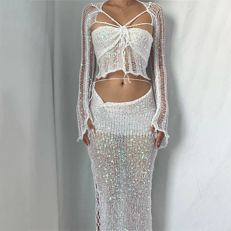 Robe de soirée Sexy en tricot à paillettes, ensemble jupe 3 pièces, tenues pour femmes, manches longues évasées, transparente, vêtements d'indice