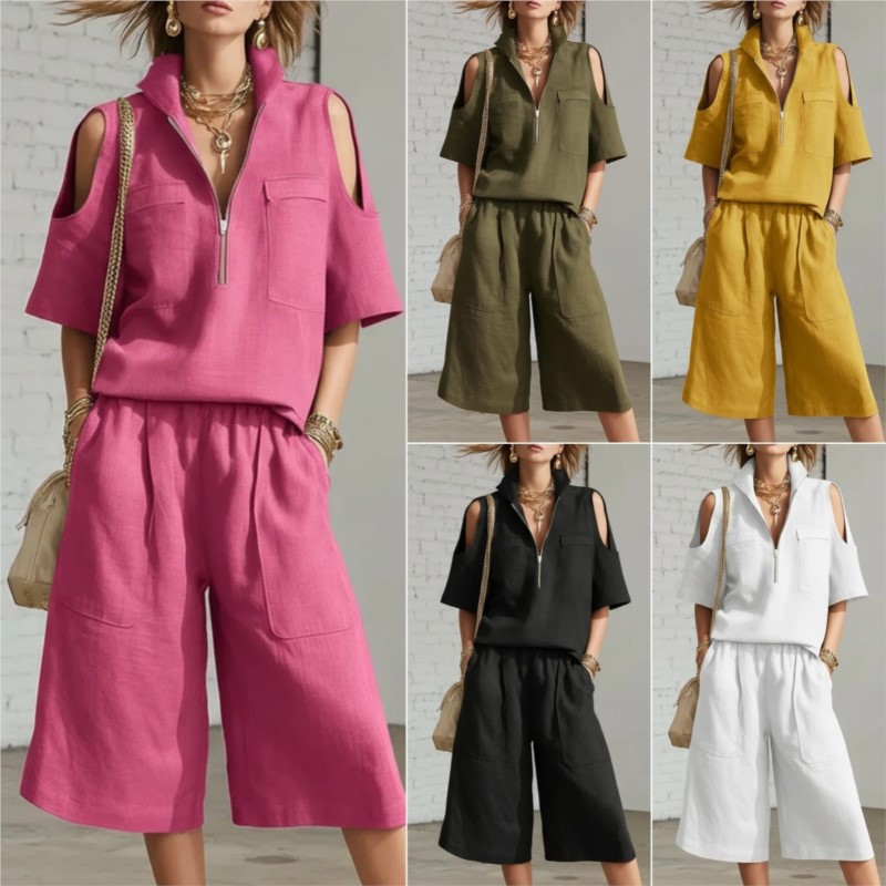 Nouvel ensemble deux pièces décontracté pour femme été 2026 : chemise à manches courtes et short ample avec poches – Collection mode féminine