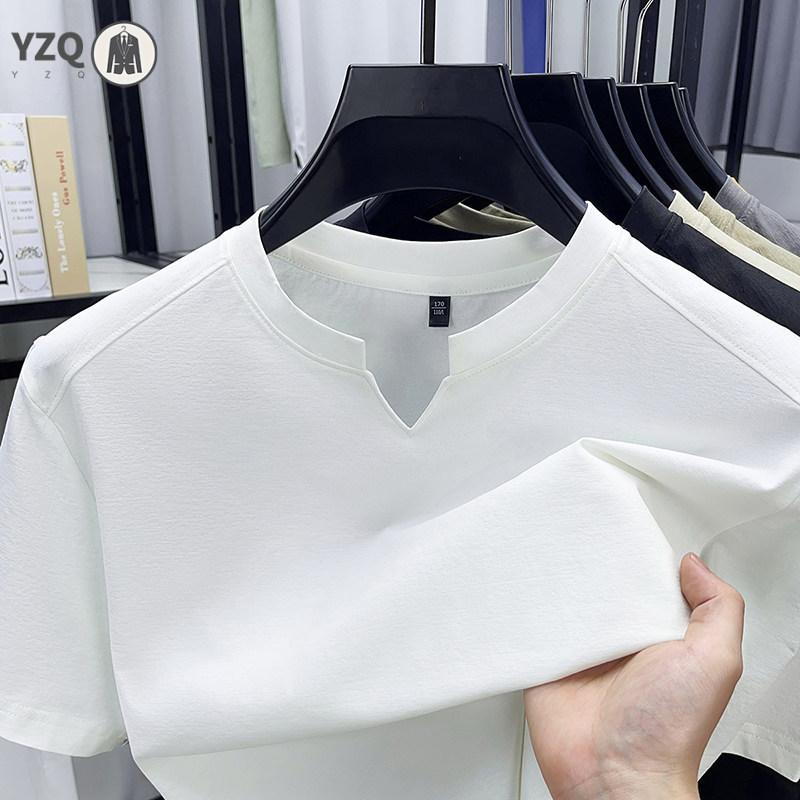 T-Shirt coréen à manches courtes et col en v pour hommes, couleur unie, décontracté, mode, confortable, polyvalent, été