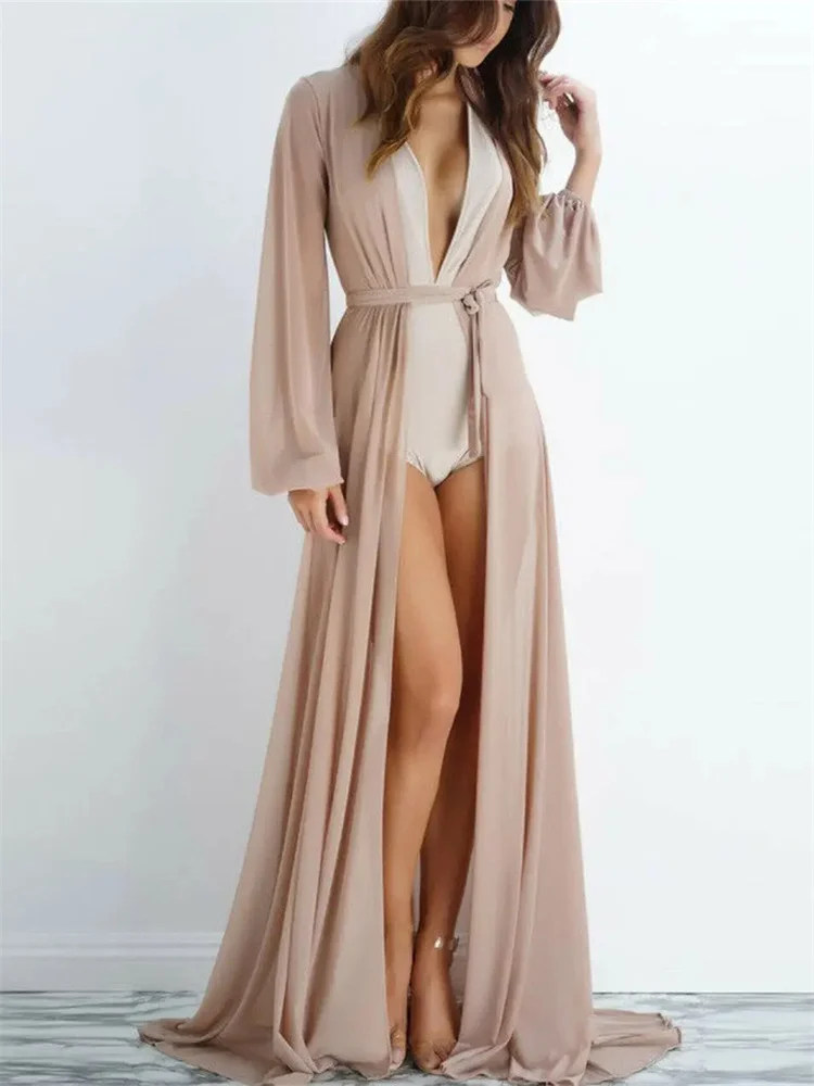 Robe de plage longue en maille transparente pour femmes, cardigan transparent, cover-up pour bikini, maillots de bain sexy, été, automne