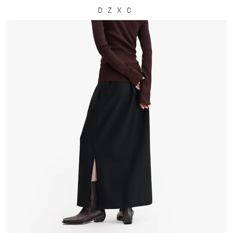 Jupe en laine 100 % avec taille élastique, jupe mi-longue taille haute pour femmes, nouveau style pour l'automne et l'hiver 2026