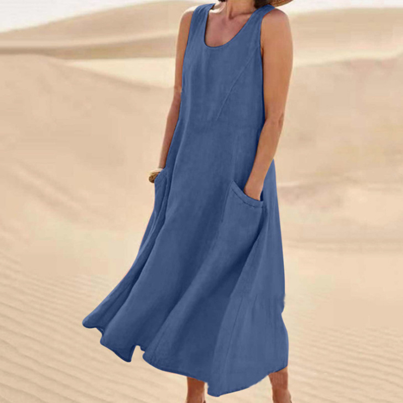 Robe longue décontractée d'été pour femme, style vintage Harajuku, sans manches, coupe trapèze, en coton et lin, couleur unie, col rond, avec poches, coupe ample