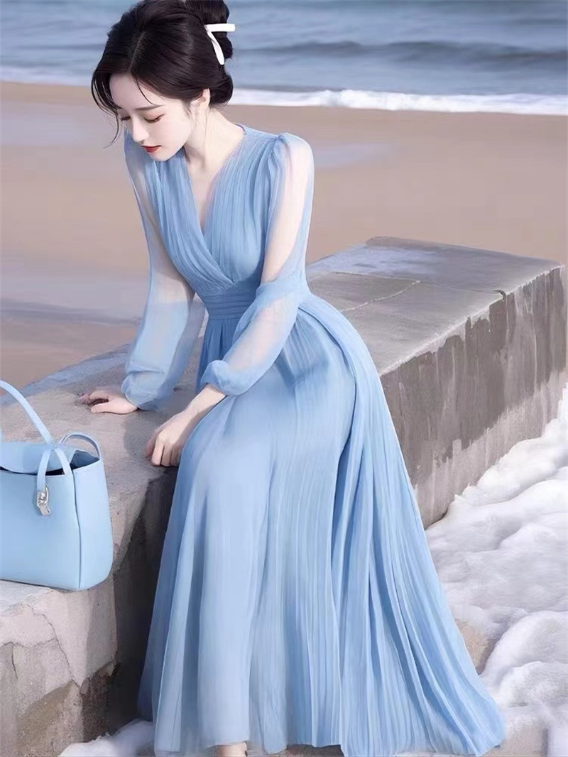 Robe longue élégante à col en V, couleur unie, volants amples, vêtements pour femmes, été 2026, nouvelle robe longue à manches longues, bleu, en mousseline de soie, robe de soirée pour femme