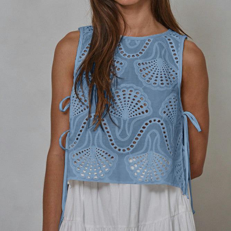 Combhasaki femmes été Chic sans manches culture débardeurs col rond motif esthétique oeillet évider côté nœud attaché gilet chemises