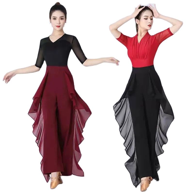 Pantalon de danse à jambes larges pour femmes, taille haute, feuille de Lotus sur le côté, sensation pendante sauvage, pantalon d'entraînement, nouvelle collection 2022
