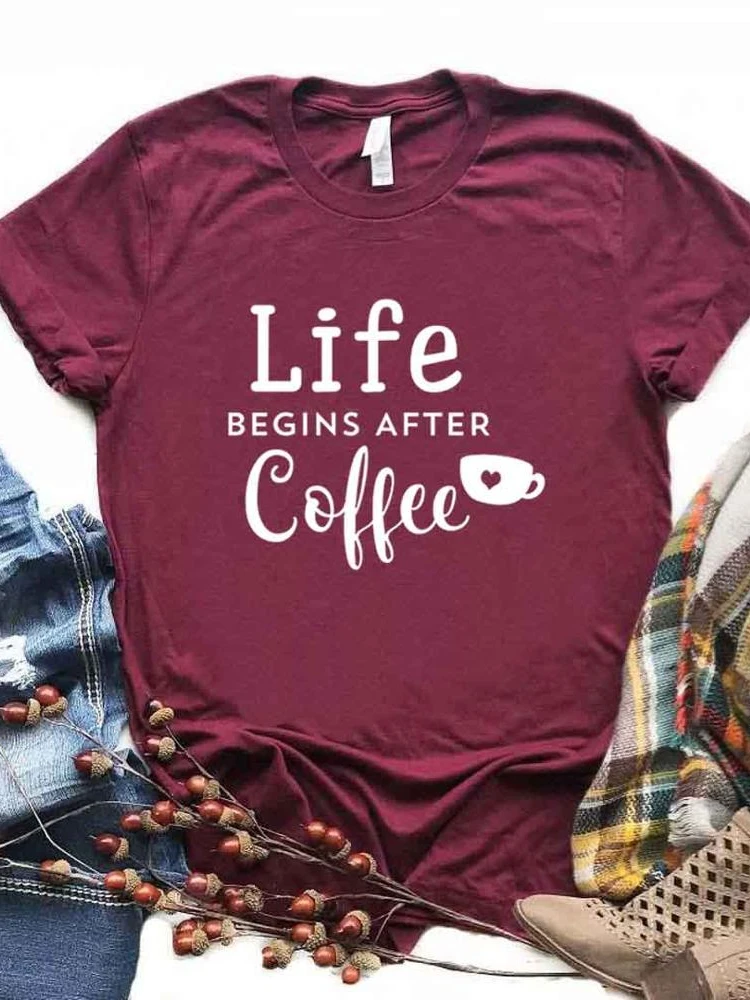 T-shirt manches courtes col rond femme, décontracté, imprimé Life Begins After Coffee