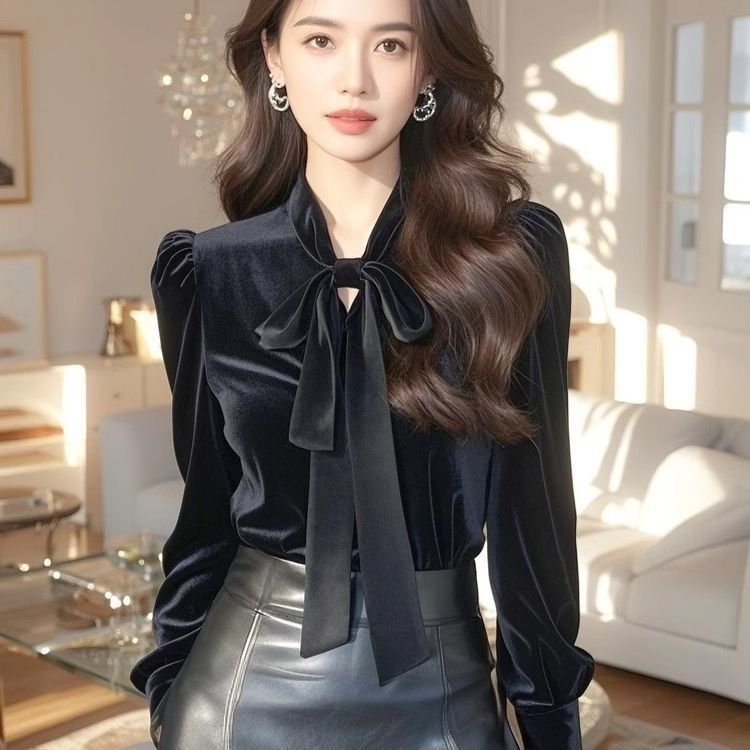 Chemisier Élégant en Velours Bleu Or pour Femme, Haut Chic Coréen, Épuisé, Tenue de Bureau, Basique