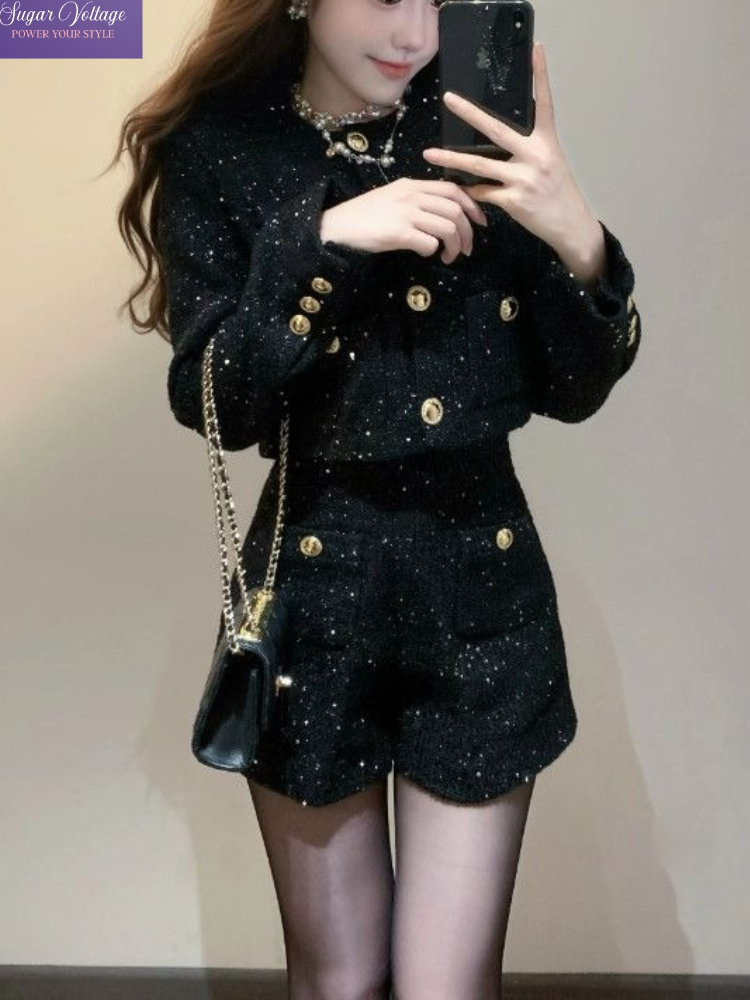 Mode coréenne élégant 2 pièces ensemble femmes noir brillant Tweed veste courte + taille haute Tweed Shorts français décontracté Chic tenue