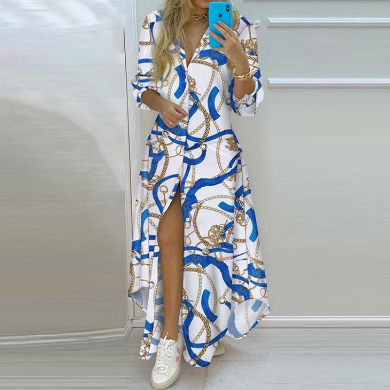 Vêtements pour femmes européennes et américaines, nouveau Style d'automne, chemise imprimée de tempérament, revers, simple boutonnage, longue et irrégulière, 2021