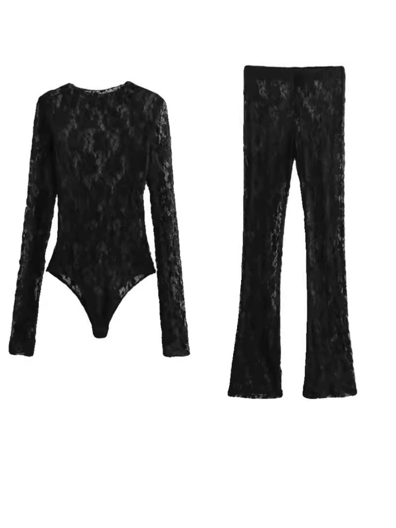 Body en dentelle pour femmes, noir, découpé, col rond, manches longues, haute Spandex, Lingerie Sexy pour femmes fines, L5QW