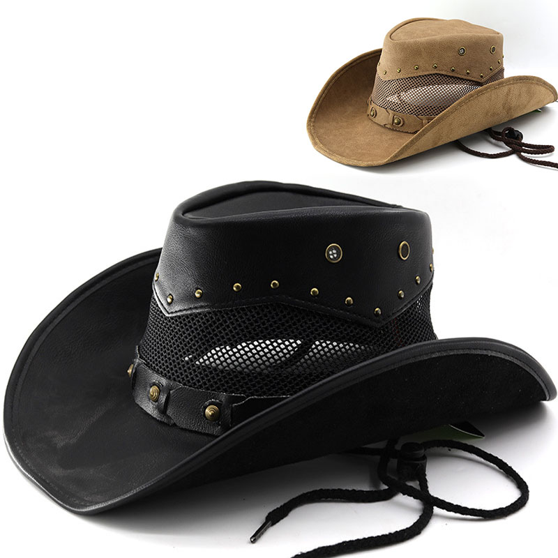 Nouveau Chapeau de Cowboy Western en Cuir Tendance pour Homme, à Large Bord, Style Gentleman, Chapeaux de Cowgirl, Chapeaux de Jazz Respirants avec Corde Coupe-Vent