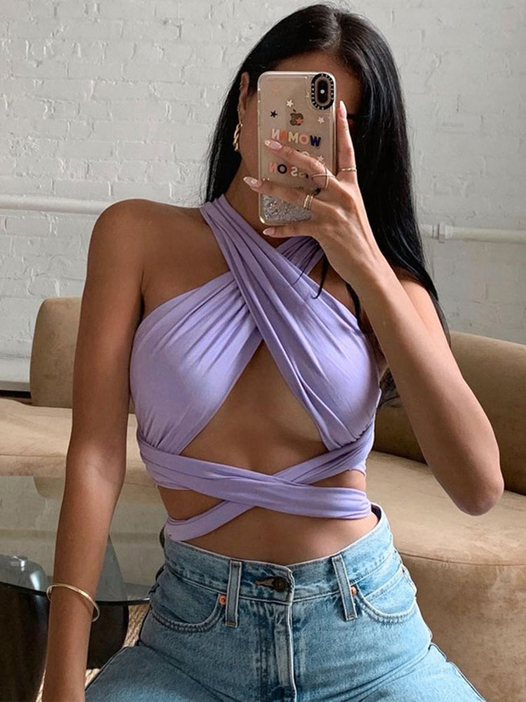 Femmes à bretelles croisées sur le devant découpées licou cou sans manches dos nu enveloppement haut court bandeau gilet été Sexy hauts femme vêtements