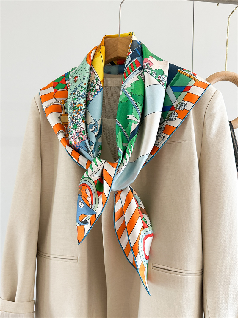 Foulard en soie imprimé cheval 90CM, châles en sergé faits à la main, bords roulés à la main, Bandanas, accessoires de tête pour femmes, décorations de sac de cheveux