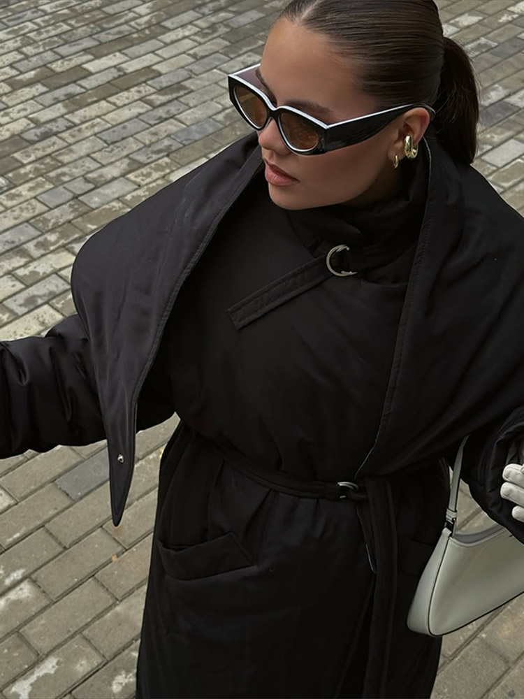 Manteau long matelassé en coton pour femme, à col montant, avec ceinture et lacets, fermeture éclair, manches longues, veste chaude d'hiver 2026