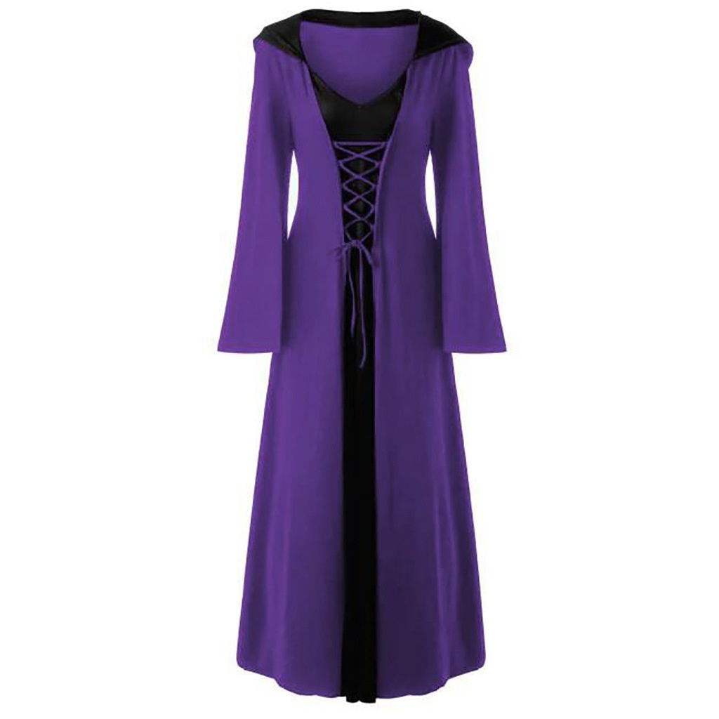 Robe Longue Vintage à Capuche et à Lacets pour Femme Adulte, Costume Rétro, Cosplay, Halloween, Effrayant, Vampire, Sorcière