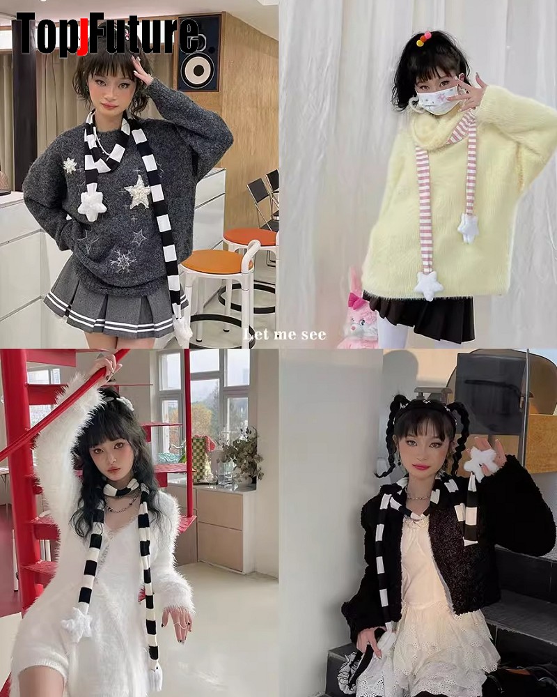 Écharpe gothique à rayures pour femmes, décoration de forme concave, foulards animés, sous-culture fille épicée, cou, Harajuku, Proxour, Y2K