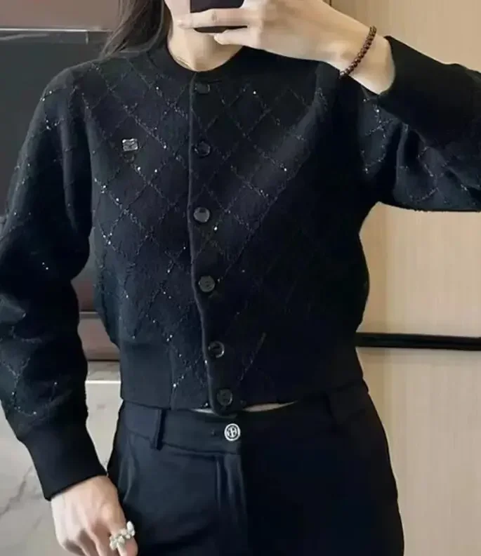 Pull tricoté noir à manches longues pour femme, Slim, col rond, paillettes, motif diamant, simple boutonnage, Cardigan