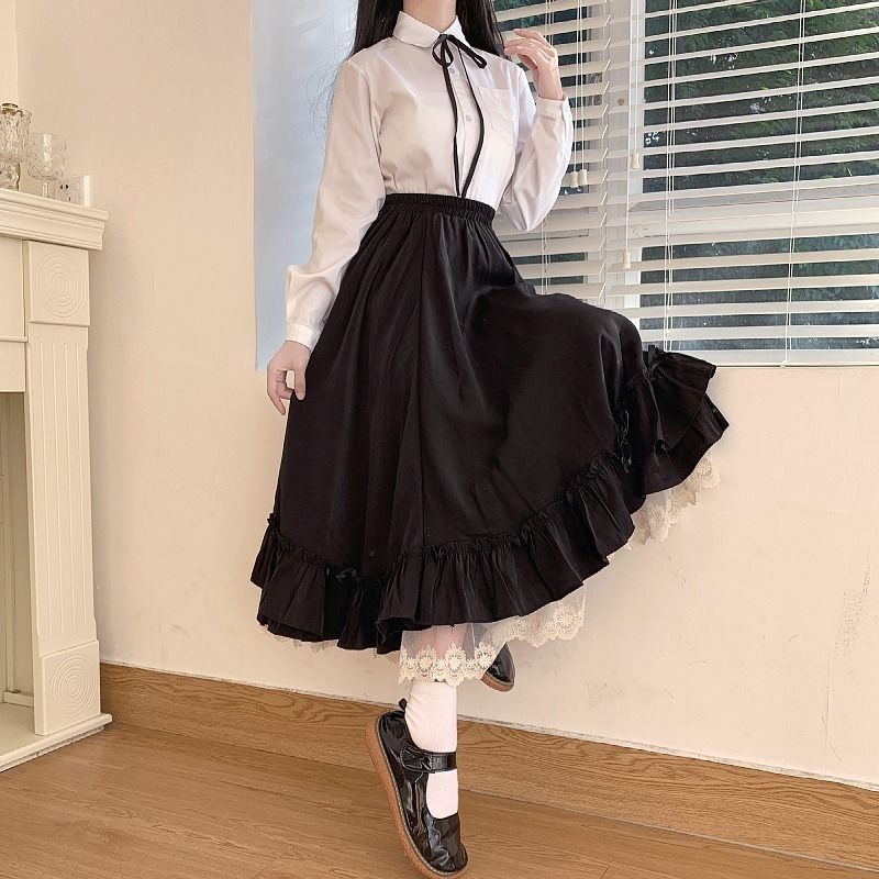Jupe femme Vintage français élégant à volants Double couche demi-jupe Lolita jupes longues femmes mode 2023 a-ligne jupe plissée