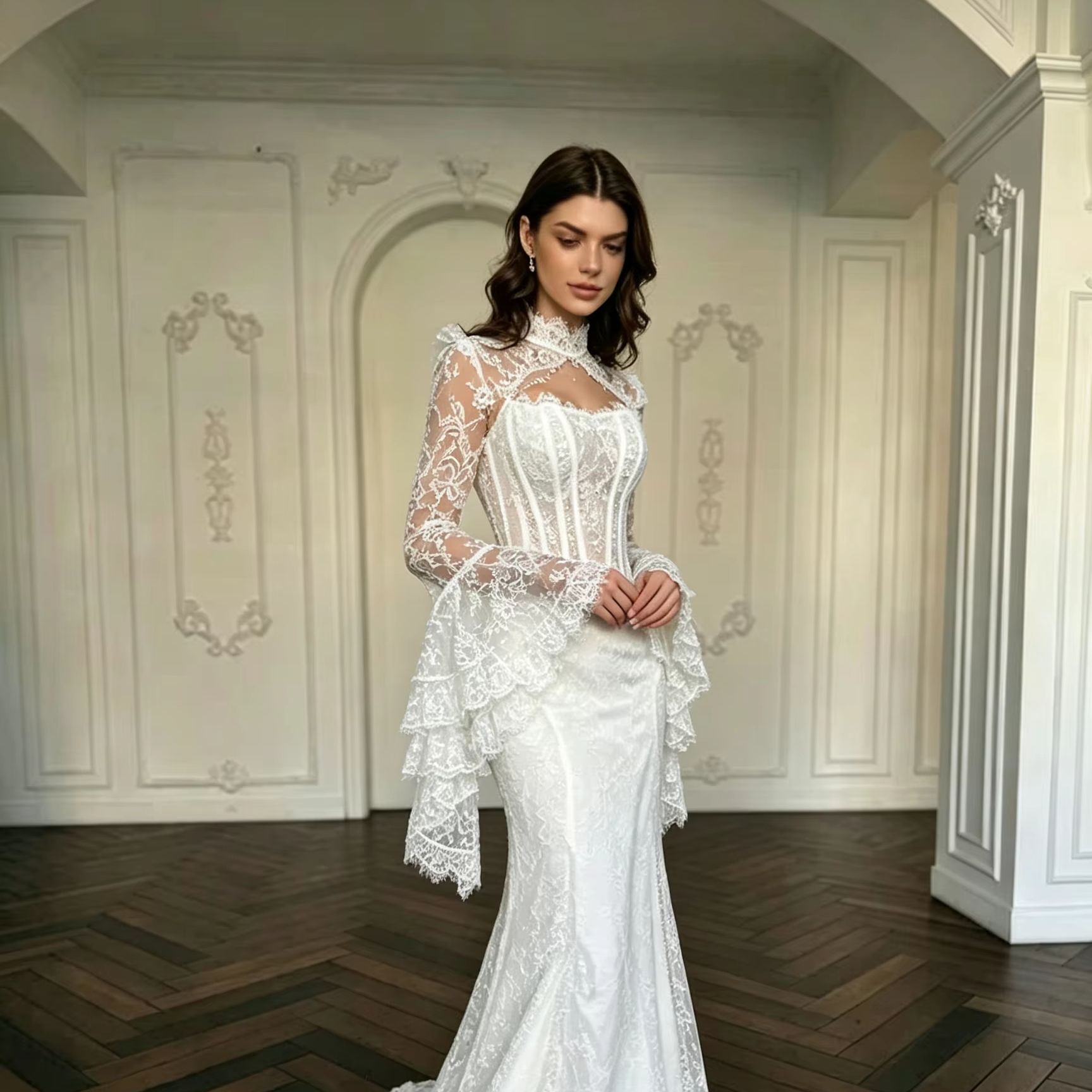 Élégant boléro de mariée à col montant, en dentelle vintage, à volants superposés, manches longues cloche, en maille transparente, style corset, pour cérémonie de mariage et banquet