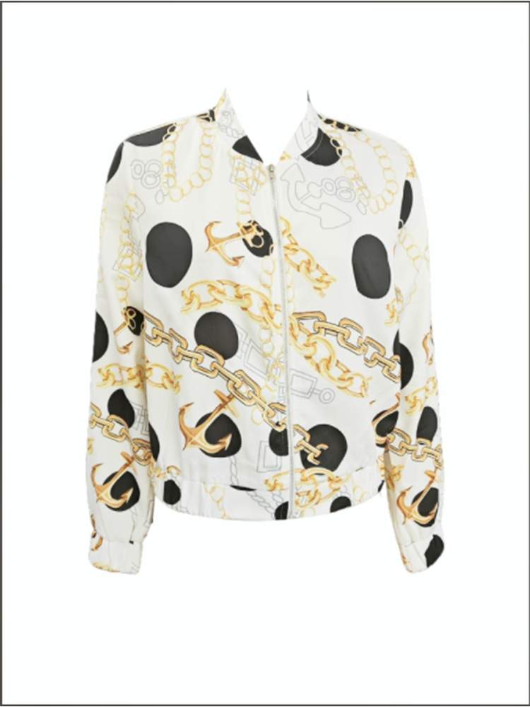 Manteau imprimé à manches longues pour femmes, veste courte à fermeture éclair, haut décontracté blanc, mode printemps et automne