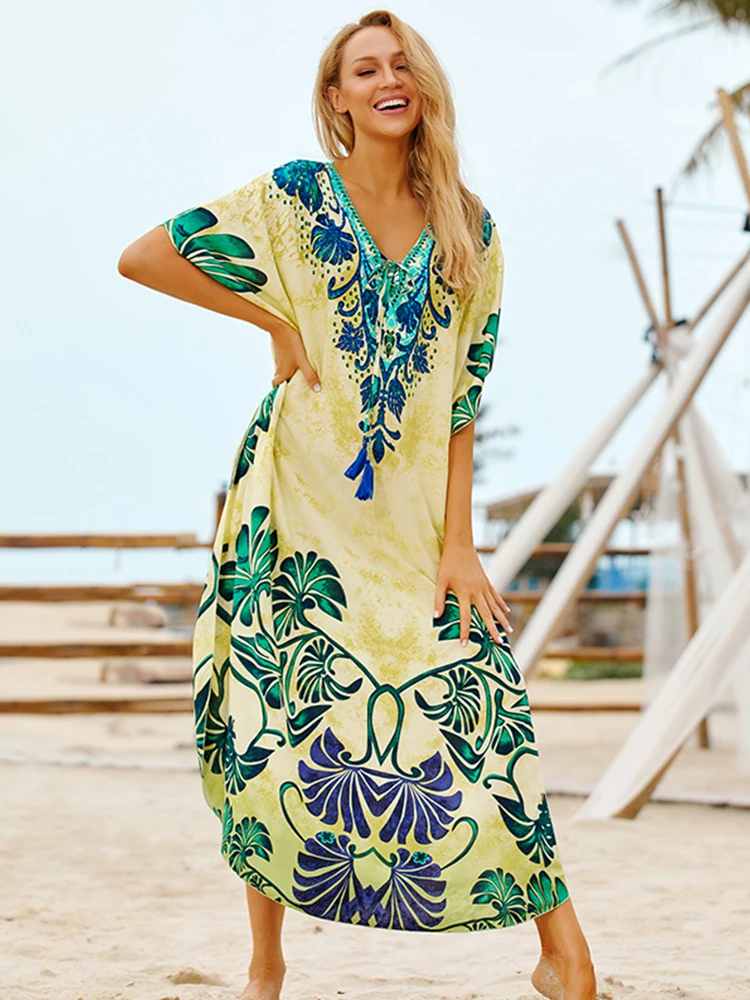 EDOCircnSA-Robe de plage maxi imprimée style bohémien, grande taille, kaftan d'été, vêtements de plage, cover-up pour les vacances, Q30/10/2018
