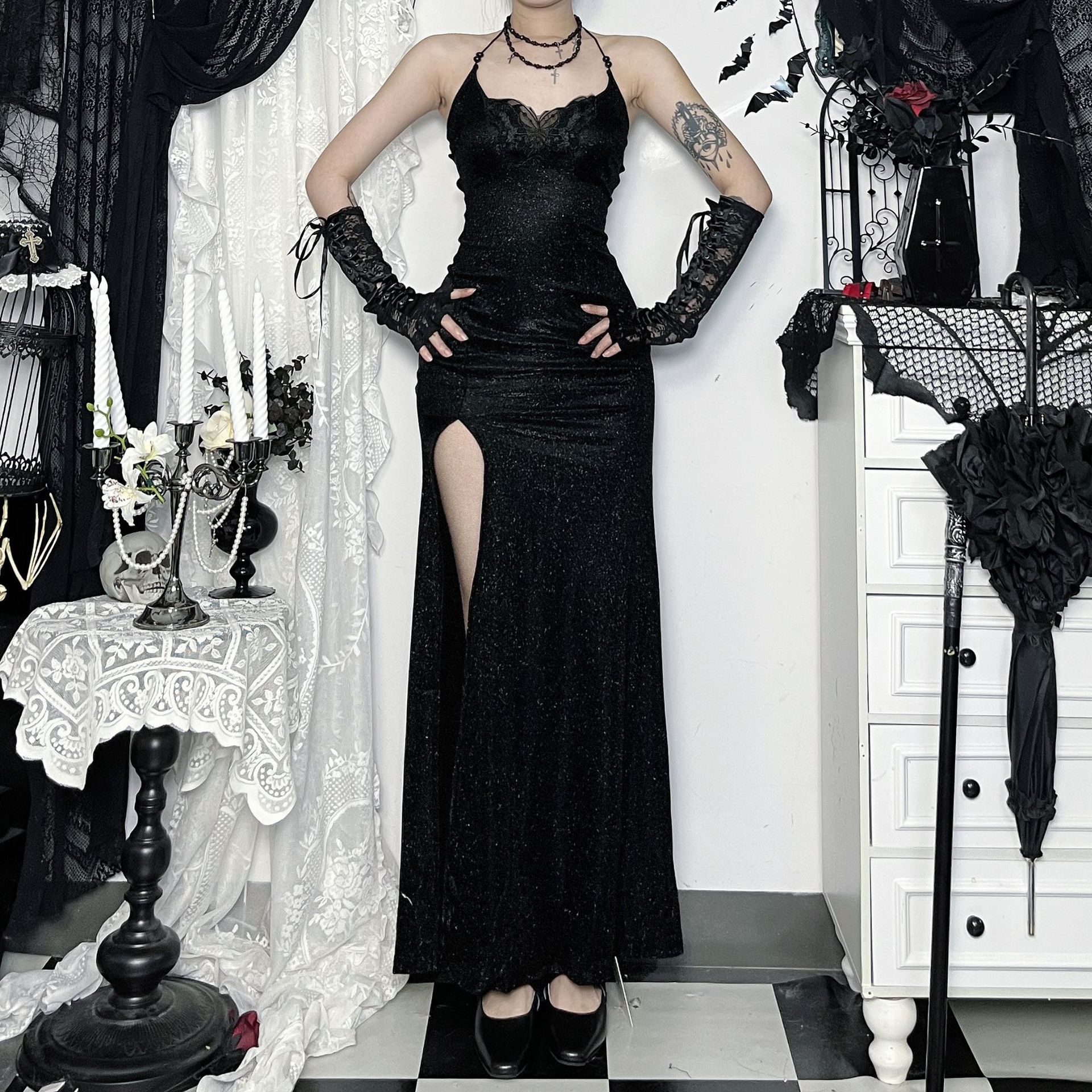 Robe de soirée en boîte de nuit pour femmes, gothique foncé, élégante, Sexy, bretelles Spaghetti, papillon, ajouré, dos nu, moulante