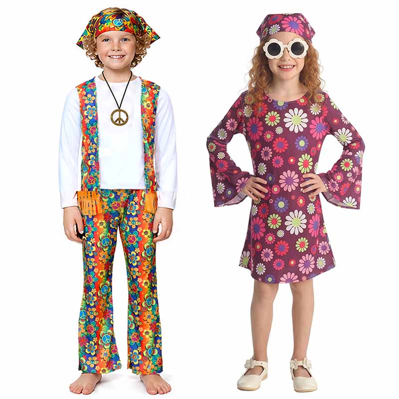 Tenue bohème hippie pour enfants, années 60, années 70, imprimé floral, costume de déguisement, costume d'Halloween pour jeux de rôle et fêtes