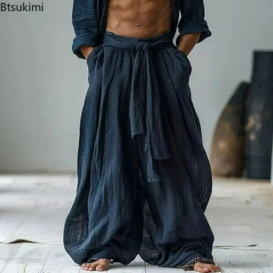 Pantalon en coton et lin pour homme, style classique, printemps-été, décontracté, couleur unie, plissé, coupe droite, pantalon streetwear tendance pour homme