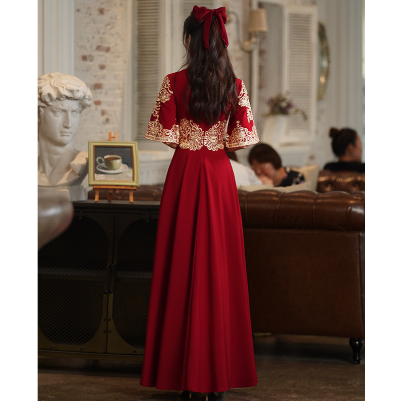 Robe Qipao longue en Satin pour femmes, bordeaux, Cheongsam, Style chinois, élégante, Sexy, Slim, XS-XXXL