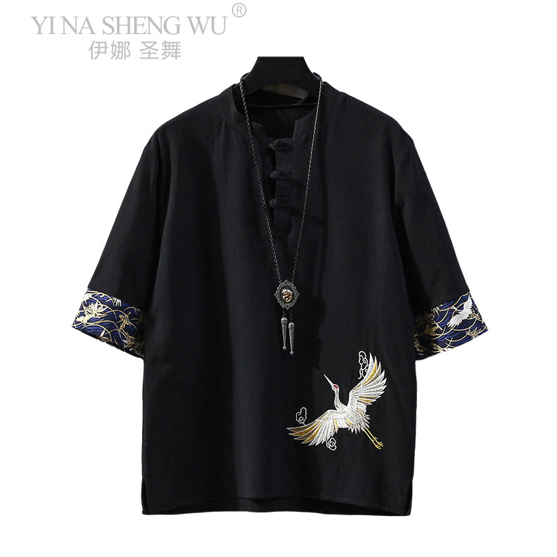 T-shirt en Lin à Manches Courtes pour Homme Style Chinois, Bouton Disque, Tang, Ample, Grande Taille, Kimono Japonais, Été