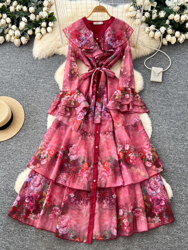 Robe Chic Femme Imprimé Floral Français Multi-Couches Taille Cintrée Color Block Patchwork pour Soirée et Événements