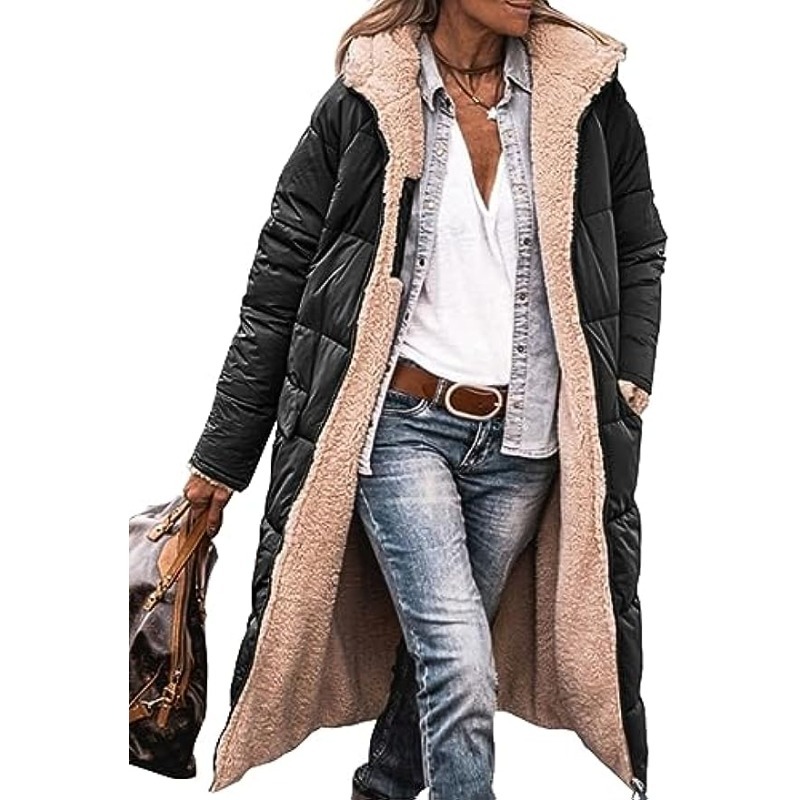 Manteaux d'hiver chauds pour femmes, vestes longues bouffantes à capuche en polaire Sherpa réversible, vêtements d'extérieur, 2023