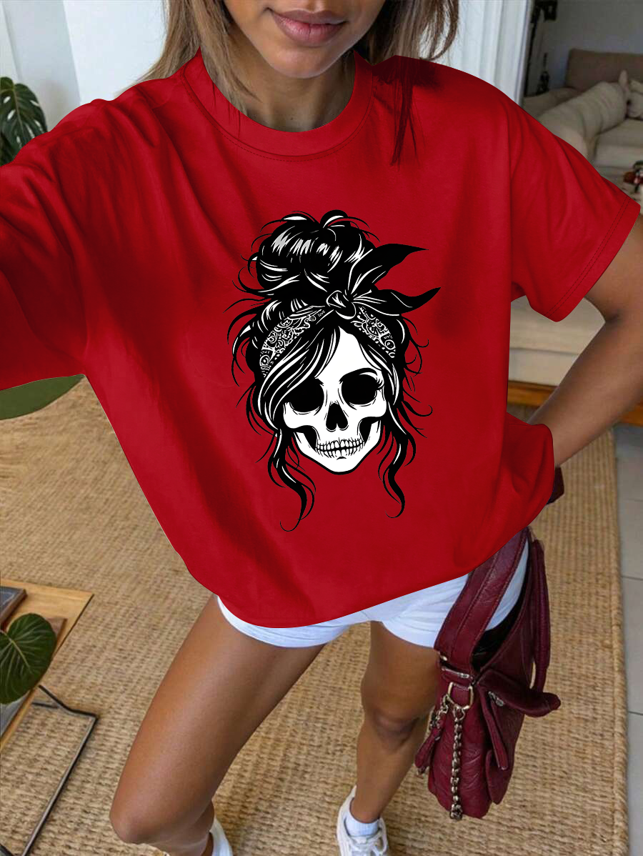 T-shirt décontracté pour femmes – Crâne géométrique noir et imprimé floral, haut à manches courtes et col rond pour le printemps/été, haut de personnalité Y2K