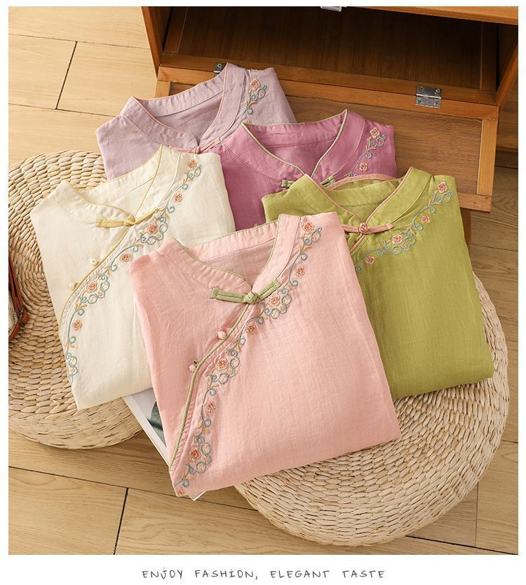 Décontracté ample Blouse chemise femmes vêtements été coton lin dames hauts t-shirt Blusas Vintage broderie femme chemise Camiseta Mujer