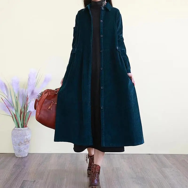 Coupe-vent en velours côtelé mi-long pour femme, manteau Amincissant, décontracté, automne, printemps, hiver, mode, 2024
