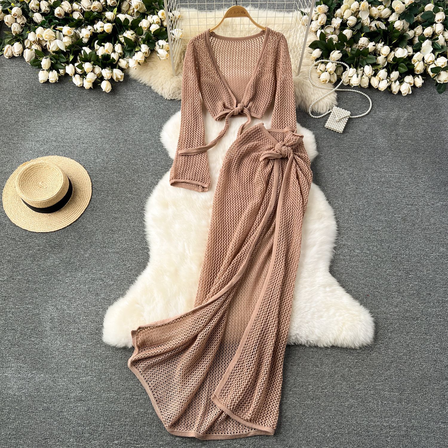 Ensemble 2 pièces tricoté pour femmes, décontracté, tendance, couleur unie, tasses à manches longues, Cardigans, jupes ajourées, vêtements féminins, vacances à la plage